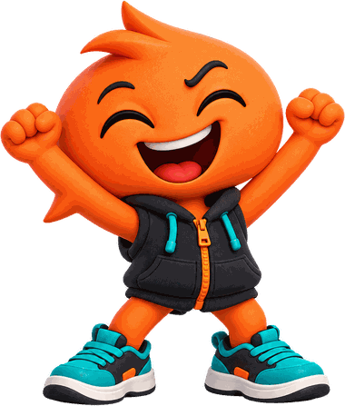 SHFT, theSHFT's mascot, celebrating with both fists up