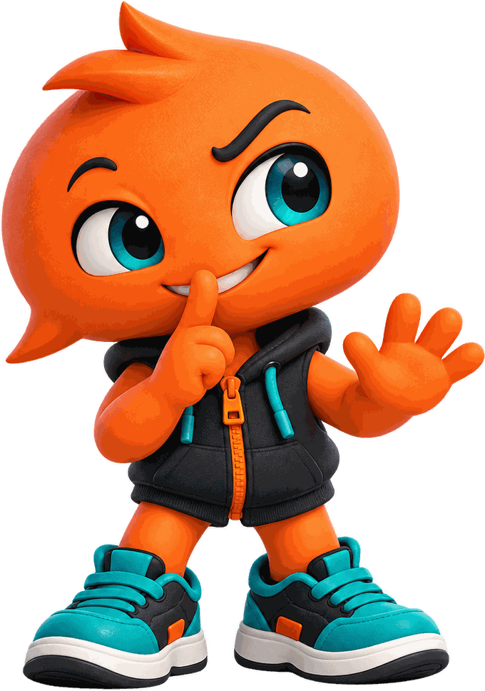SHFT, theSHFT's orange mascot, holding a finger to his lips and waving