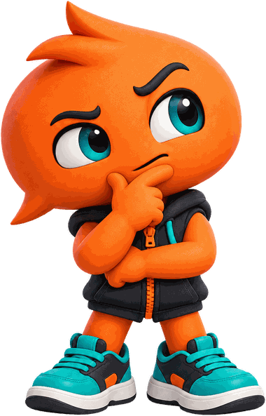SHFT, theSHFT's mascot, thinking with a hand on his chin