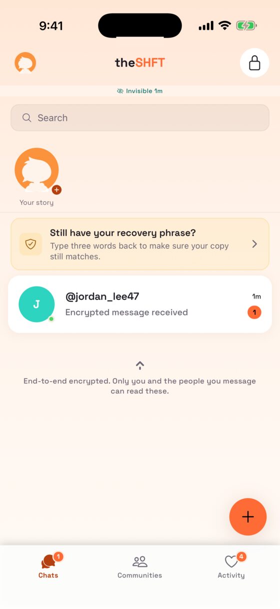 theSHFT chat list where each conversation reads Encrypted message received instead of showing the text