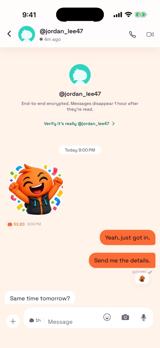 An ordinary chat with a 1 hour timer showing and a SHFT sticker sent