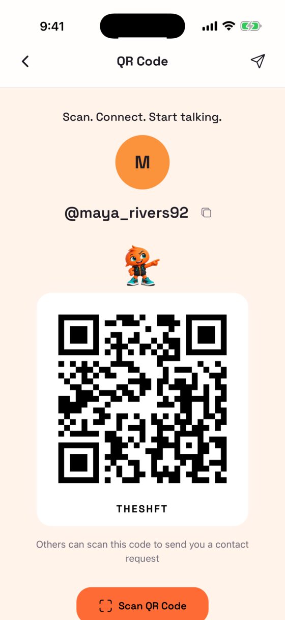 A username QR code with the line Scan. Connect. Start talking.