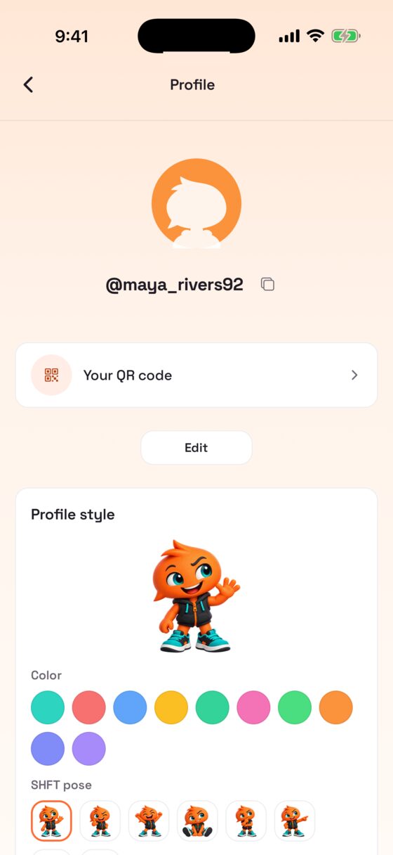 A profile screen with a username and a QR code link