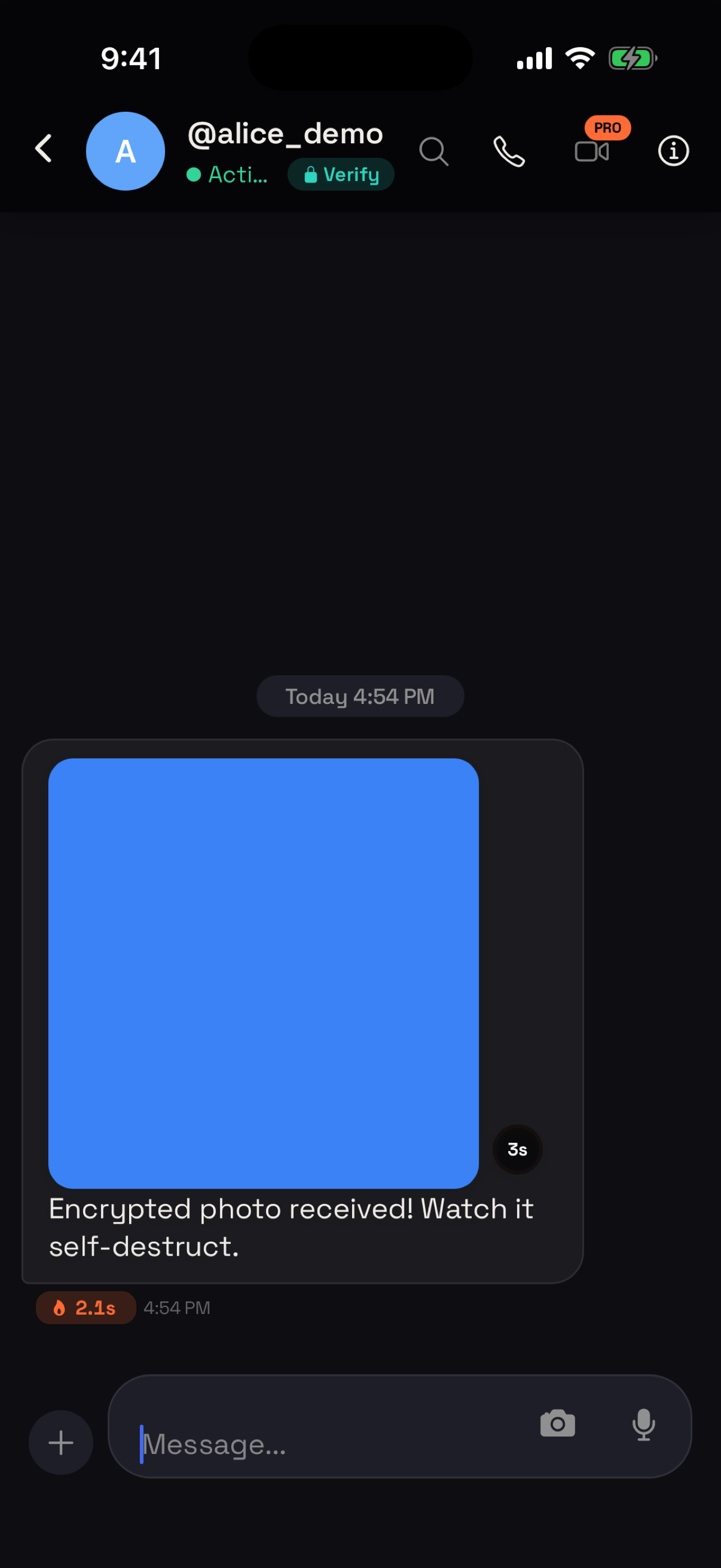 An encrypted photo in a theSHFT conversation with a live countdown reading 2.1 seconds before it deletes itself