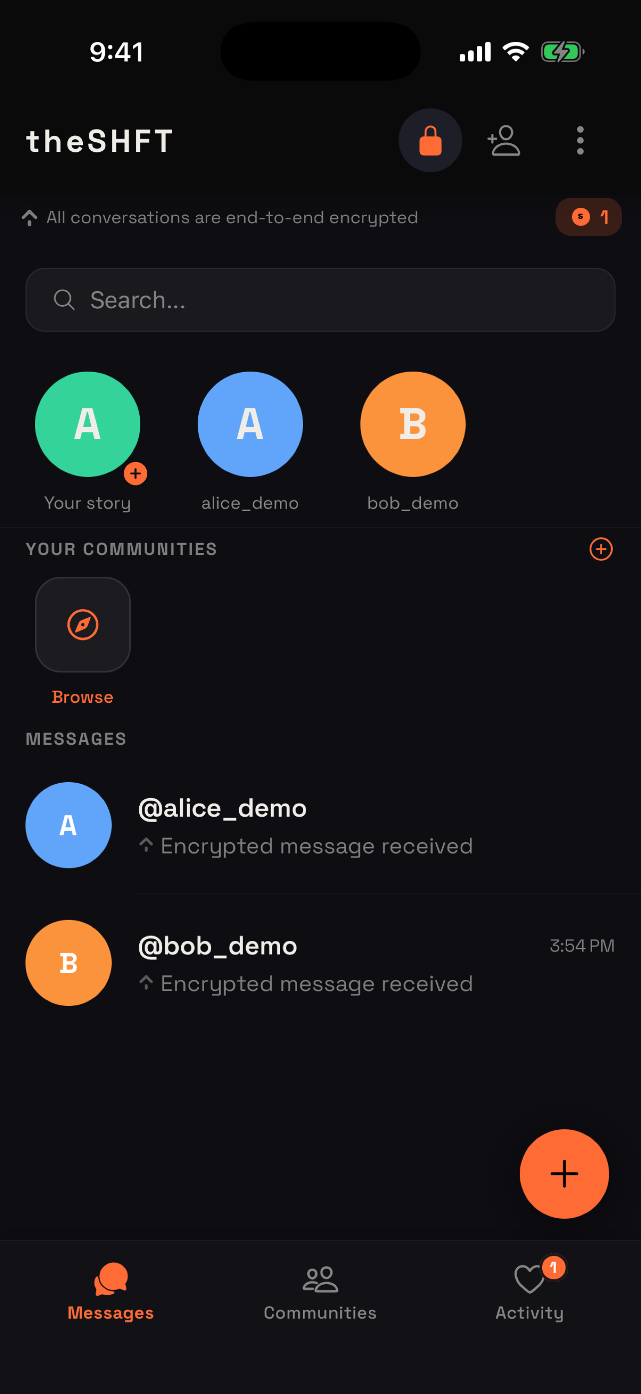 The theSHFT message list showing Encrypted message received in place of any message content