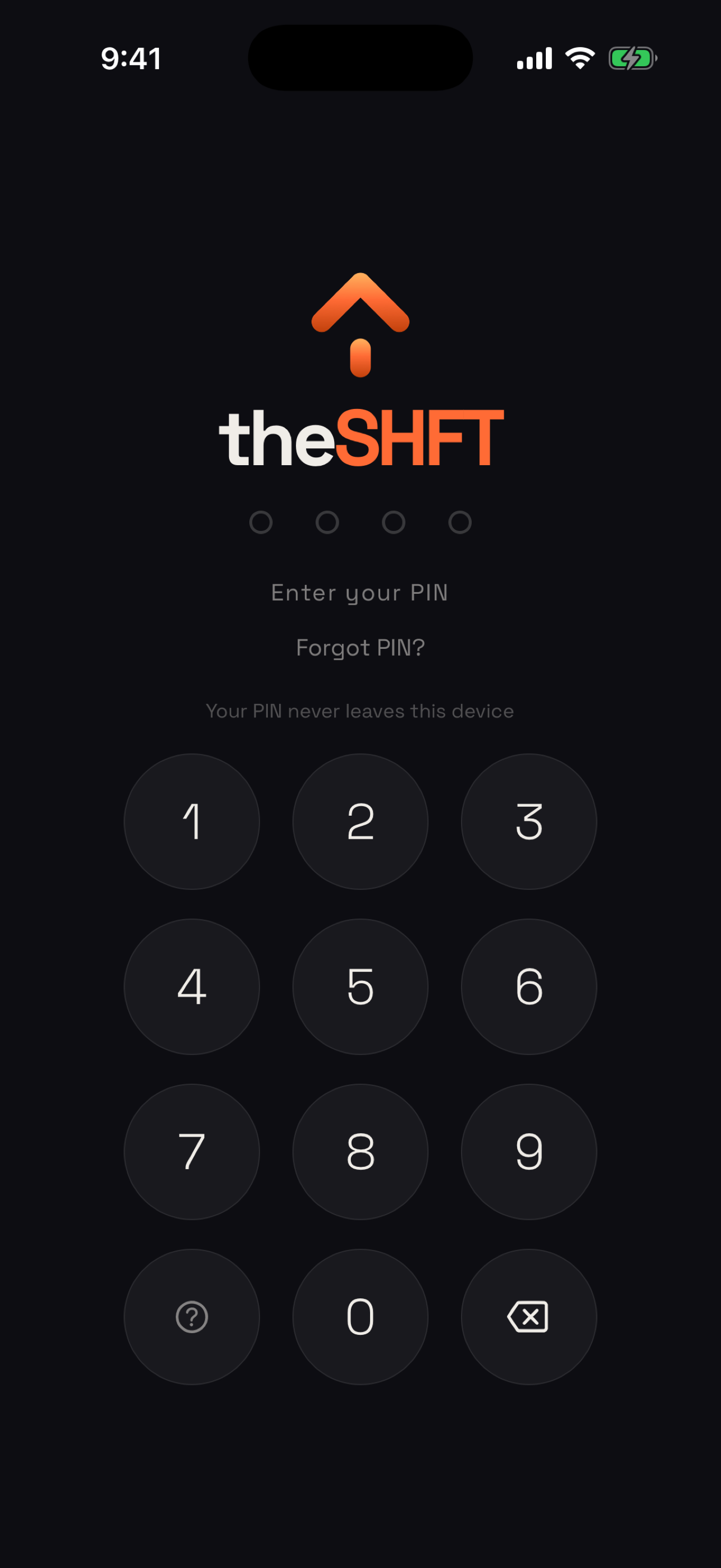 theSHFT PIN lock screen reading Your PIN never leaves this device