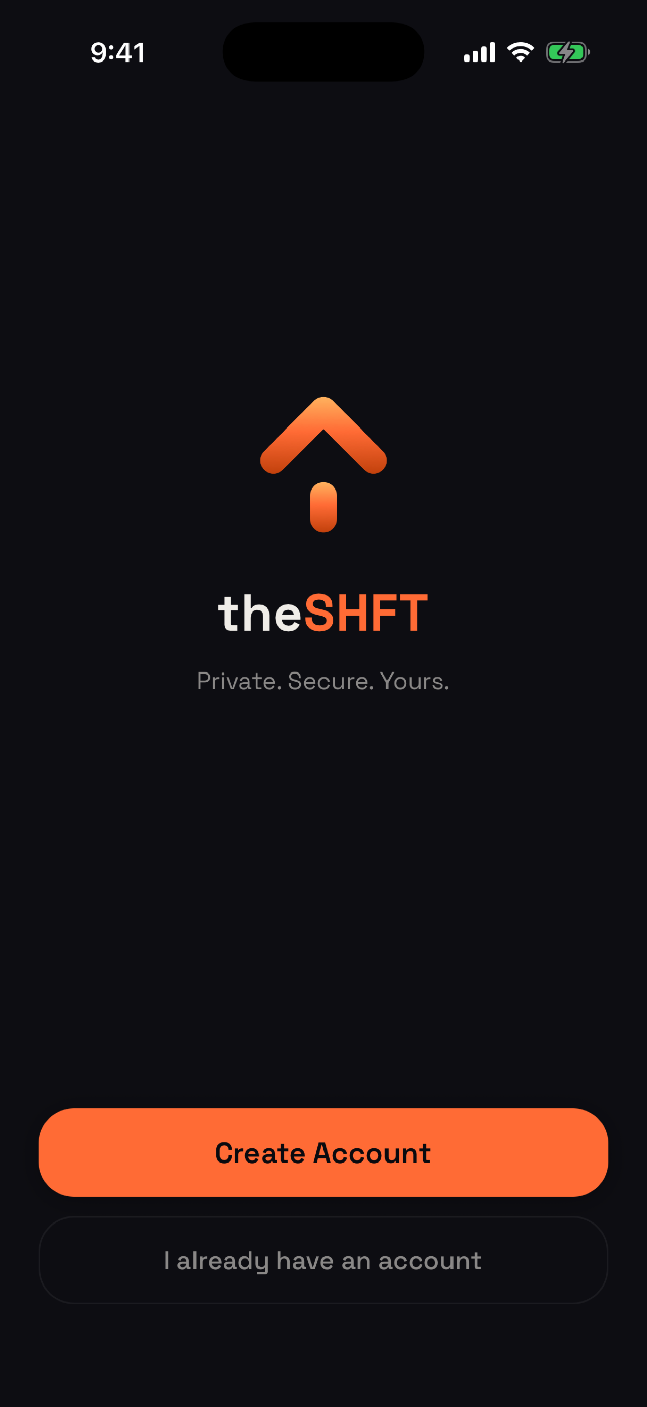 theSHFT welcome screen reading Private. Secure. Yours.